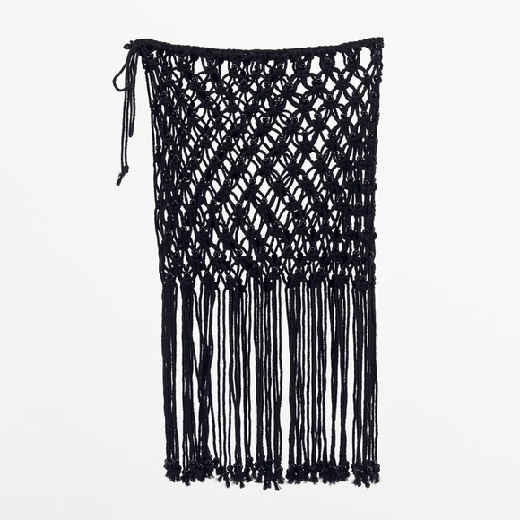 NWT ZARA Fringed Mesh Beaded Skirt Beach Cover Cotton Blend Open Side Tie - Picture 5 of 12